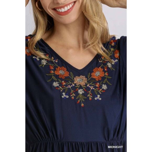 UMGEE Navy Floral Embroidered V-Neck Tiered Ruffle Boho Babydoll Dress Size S - Picture 3 of 10